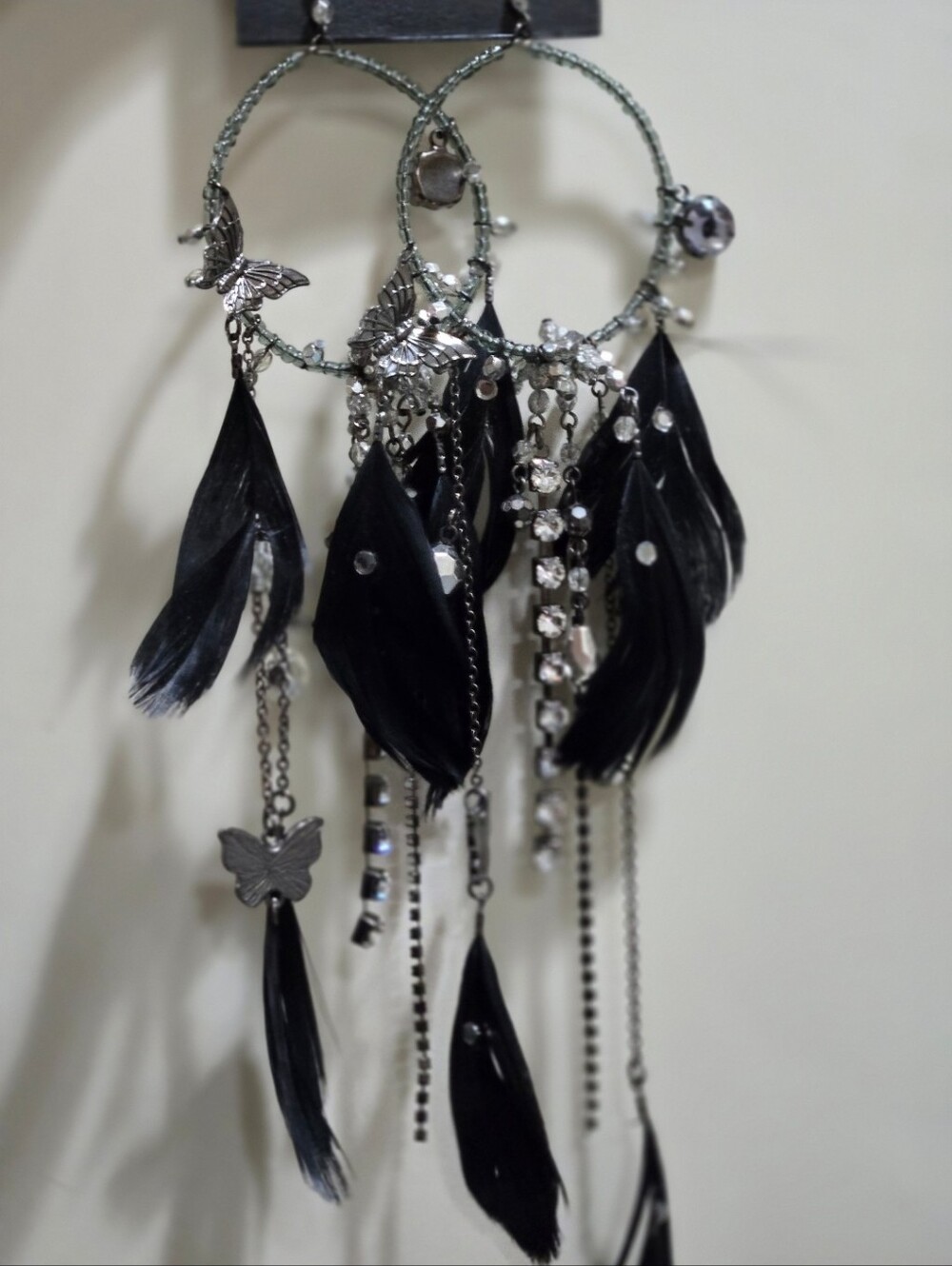 Vintage Y2K Bebe Feather & Crystal Butterfly Chandelier Earrings – NEW - Picture 6 of 7